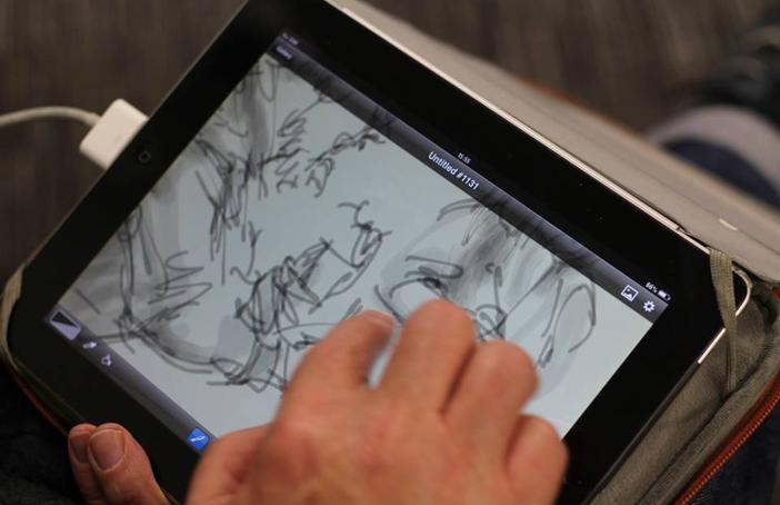 Photo: First Art Mik Godley - iPad artist at work at First Art Mansfield launch