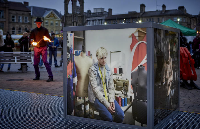 First Art. Portrait exhibition in Mansfield market place. Photo: Ralph Barklam